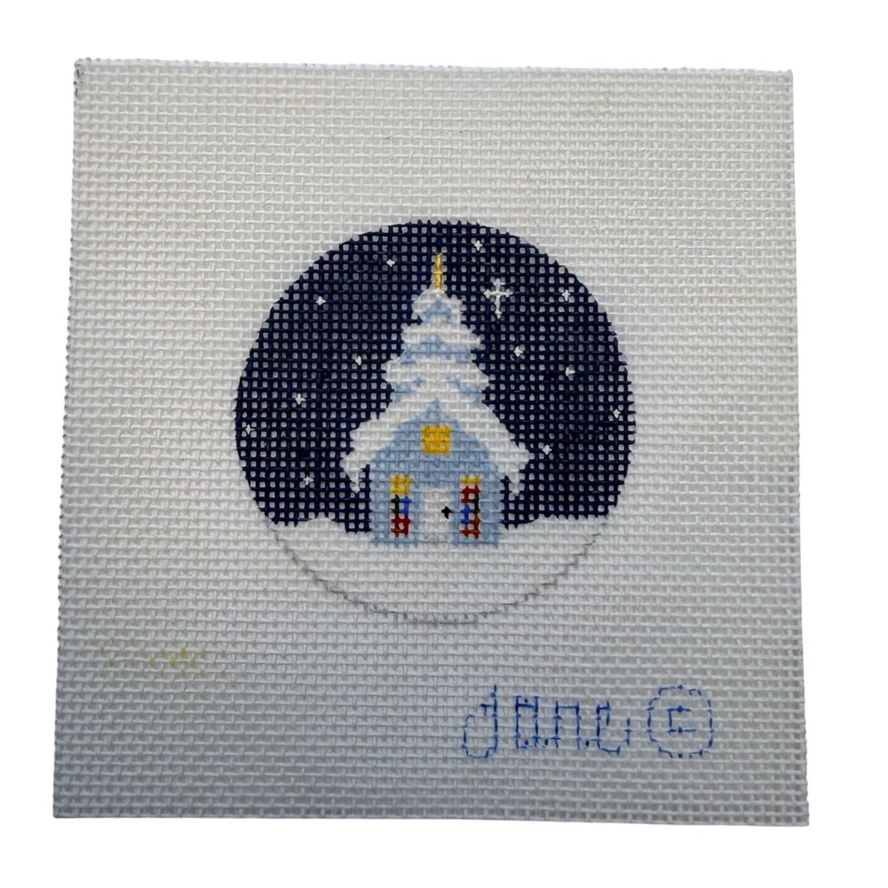 Mini Snow Covered Church Hand Painted Needlepoint Canvas Jane Christmas Ornament